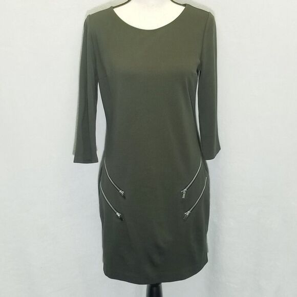 Express Medium Sheath Dress Double Zip Olive Green Ponte Knit 3/4 Sleeve Edgy - Picture 1 of 9